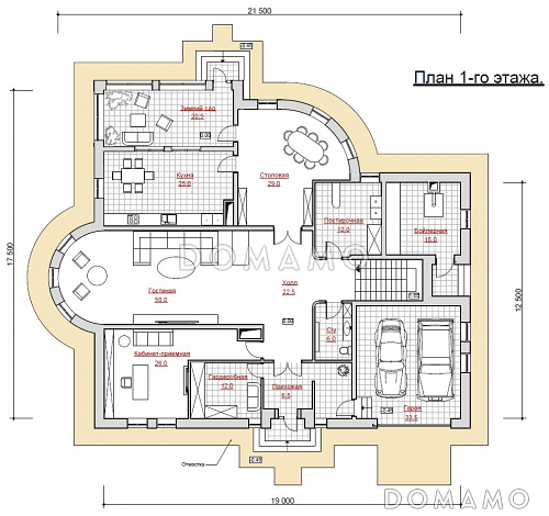 Проект двухэтажного загородного дома с мансардой / План 1 этажа