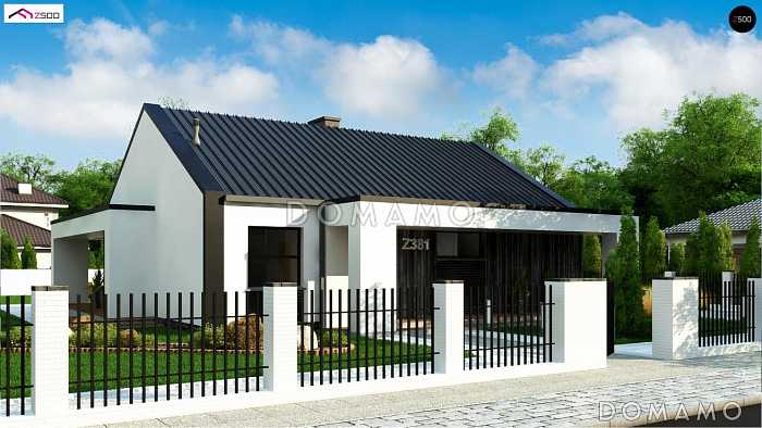 Проект современного компактного одноэтажного дома из кирпича с тремя спальнями