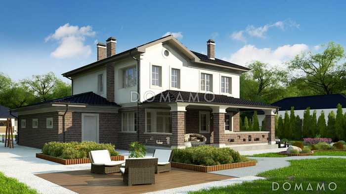 Проект  двухэтажного дома с гаражом для машины, подвалом, крытой террасой, кладовой на кухне, постирочной