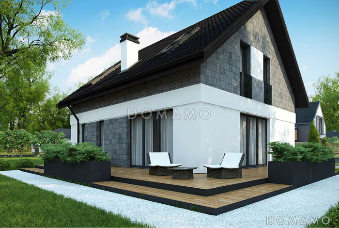 Проект одноэтажного мансардного дома из газобетона с кабинетом, изолированной кухней и гаражом