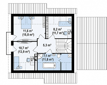 Проект одноэтажного дома из газобетона с жилым мансардным этажом и гаражом  / План мансардного этажа