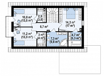 Проект одноэтажного мансардного дома из газобетона с кабинетом, балконом и гаражом / План мансардного этажа