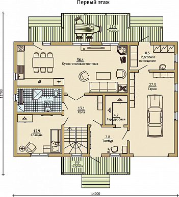 Проект каркасного дома с встроенным гаражом / План 1 этажа