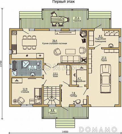 Проект каркасного дома с встроенным гаражом / План 1 этажа