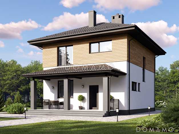 Проект дома из газобетона с эркером, крыльцом-террасой и 4 спальнями