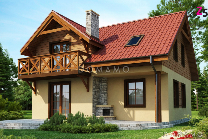 Проект компактного одноэтажного мансардного дома из кирпича квадратной формы с барбекю на террасе