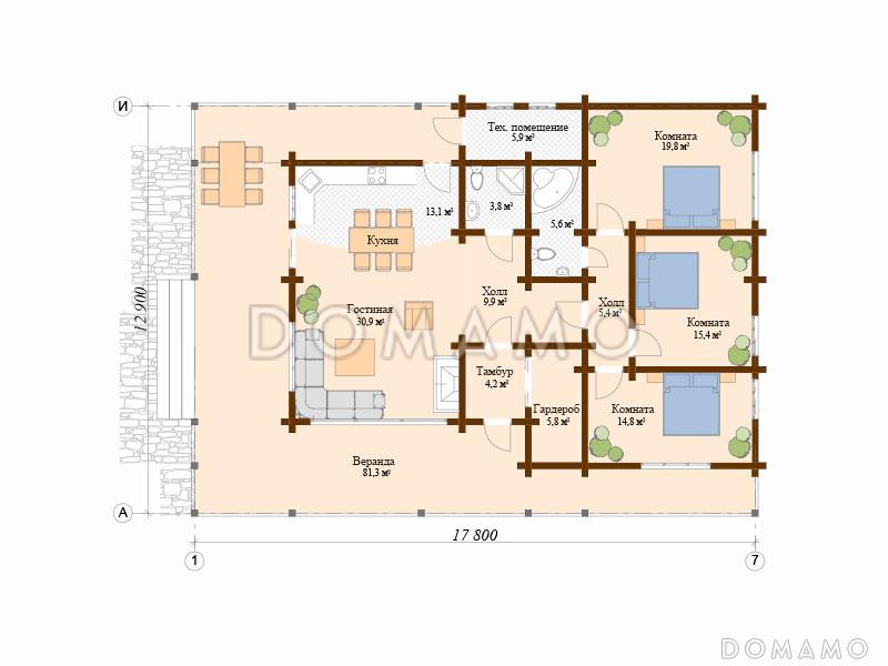 Проект одноэтажного дома из клееного бруса с огромной террасой / План 1 этажа