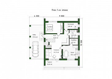 Проект двухэтажного дома в стиле барнхаус с 4 спальнями, вторым светом, крытой террасой и автонавесом / План 1 этажа