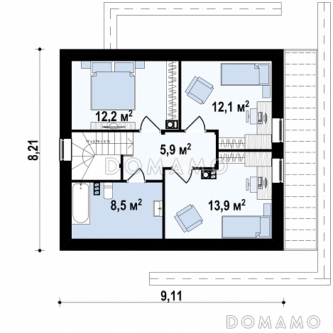 Проект компактного одноэтажного мансардного дома из газобетона с кабинетом и тремя спальнями / План мансардного этажа