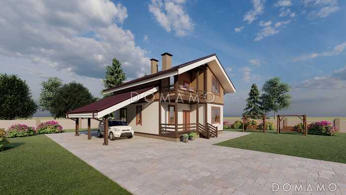 Проект двухэтажного каркасного дома с навесом и балконом