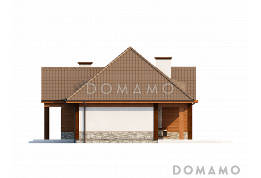 Проект просторного одноэтажного мансардного дома из кирпича с барбекю на крытой угловой террасе / Фасад 4