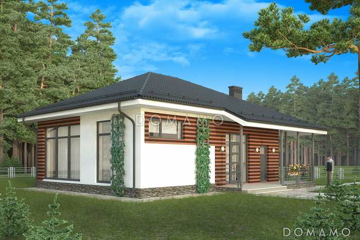 Проект одноэтажного домика с красной полосатой отделкой  фасадов