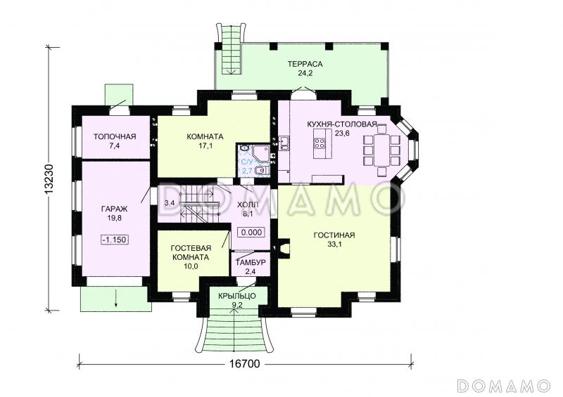 Проект дома из пеноблоков с цокольным этажом / План 1 этажа