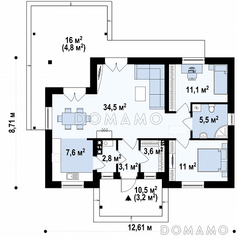Проект компактного одноэтажного дома из газобетона с двумя спальнями и частично крытой угловой террасой, с возможностью обустроить мансарду / План 1 этажа