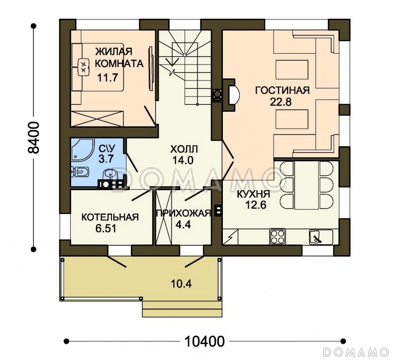 Проект лаконичного коттеджа с четырьмя спальнями, широкими окнами и большой гардеробной / План 1 этажа