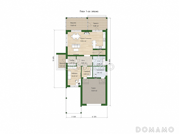 Проект двухэтажного дома из газобетона со встроенным гаражом, верандой и спортзалом / План 1 этажа