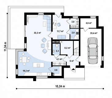 Проект просторного современного двухэтажного дома из газобетона, с пятью комнатами, гаражом и двумя лоджиями / План 1 этажа