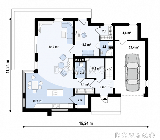 Проект просторного современного двухэтажного дома из газобетона, с пятью комнатами, гаражом и двумя лоджиями / План 1 этажа