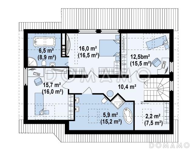 Проект одноэтажного мансардного дома из кирпича с кабинетом, тремя спальнями и гаражом / План мансардного этажа