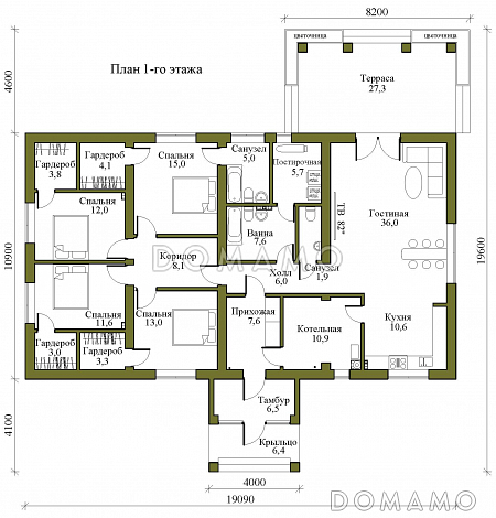 Проект одноэтажного газобетонного дома с цветочной террасой и просторной кухней-гостиной / План 1 этажа