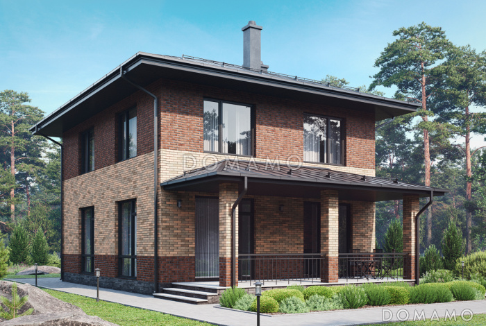 Проект загородного дома с террасой, комнатой на первом этаже, кладовой, лоджией