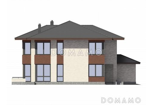 Проект загородного дома из СИП панелей с четырьмя спальными комнатами и гаражом для одного автомобиля / Фасад 2