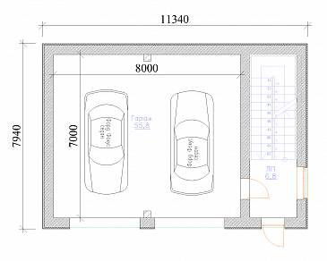 Проект гаража на 2 машины с мансардой / План 1 этажа