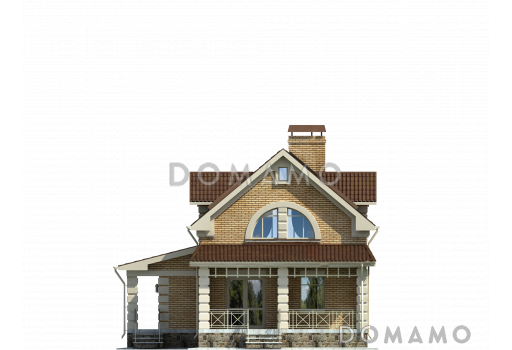 Проект гармоничного, кирпичного дома с эркером, сауной и коричневой крышей / Фасад 2