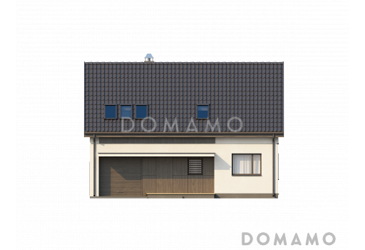 Проект одноэтажного мансардного дома из газобетона с частично крытой террасой и гаражом  / Фасад 2