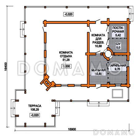 Проект бани из бревна с просторной террасой и барбекю / План 1 этажа
