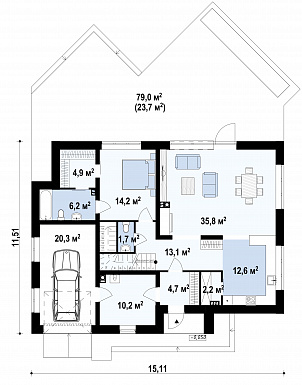 Проект мансардного дома в стиле шале из газобетона с дополнительной спальней на первом этаже, вторым светом и гаражом / План 1 этажа