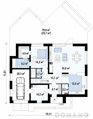 Проект мансардного дома в стиле шале из газобетона с дополнительной спальней на первом этаже, вторым светом и гаражом / План 1 этажа