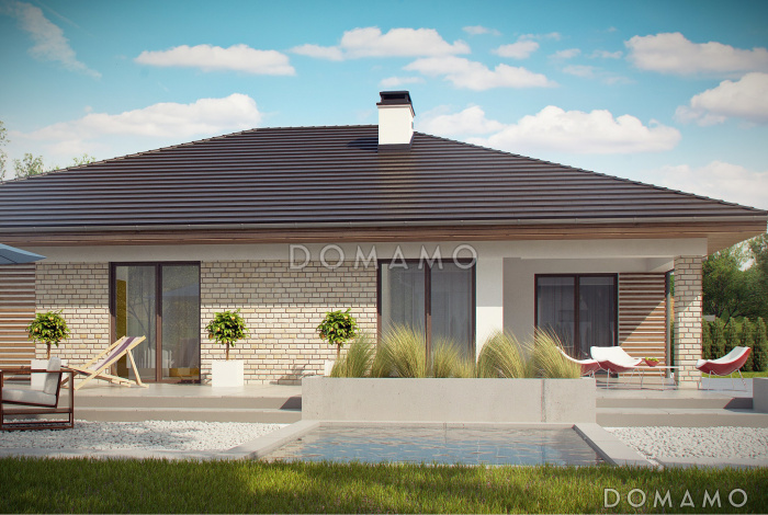 Проект просторного одноэтажного дома из газобетона с большой гостиной, тремя спальнями, кабинетом и гаражом на два автомобиля