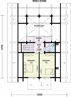 Проект дома-шале со вторым светом в гостиной и балконом на мансарде / План мансардного этажа