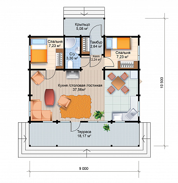Проект дачного дома из клееного бруса / План 1 этажа