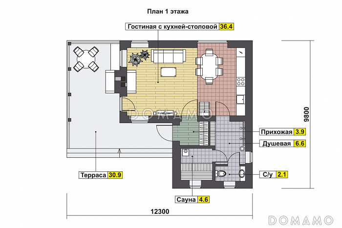 Проект дома с просторной крытой террасой с барбекю, гостиной с кухней-столовой, сауной и душевой, вторым светом и спальней на мансарде / План 1 этажа