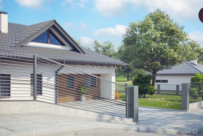 Проект одноэтажного дома из кирпича с тремя спальнями и треугольным окном на чердаке