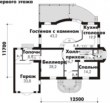 Проект комфортабельного дома с бильярдной, гаражом и гостиной с камином / План 1 этажа