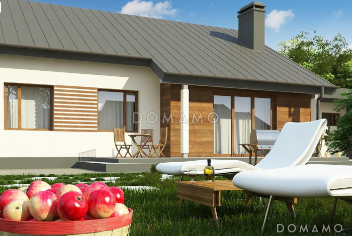 Проект одноэтажного дома из кирпича с гаражом и отделённой спальной зоной