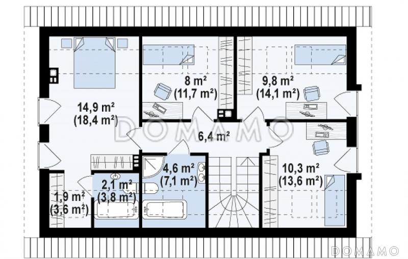 Проект одноэтажного мансардного дома из кирпича с кабинетом, гаражом и четырьмя спальнями / План мансардного этажа