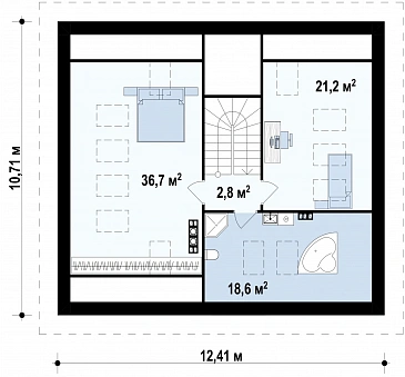 Проект одноэтажного дома из газобетона с тремя спальнями и небольшой крытой угловой террасой, с жилой мансардой / План мансардного этажа