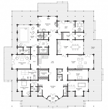 Проект дома из клееного бруса с террасой площадью более 470 м2 / План 1 этажа