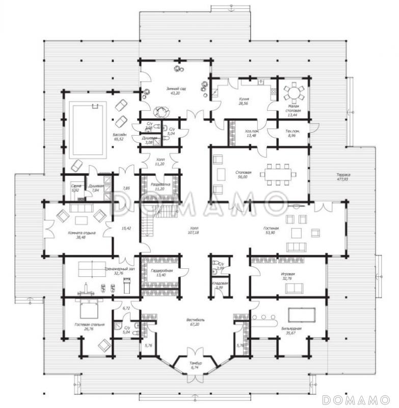 Проект дома из клееного бруса с террасой площадью более 470 м2 / План 1 этажа