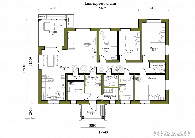 Проект одноэтажного дома с многофункциональной кухней, верандой и тремя спальнями / План 1 этажа