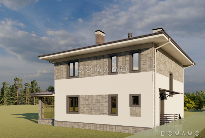 Проект двухэтажного дома с четырьмя спальнями, просторными верандой и гостиной