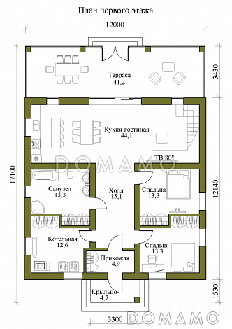 Проект одноэтажного кирпичного дома с мансардой, вторым светом и крытой террасой / План 1 этажа