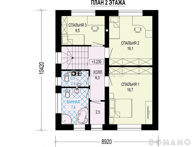 Проект загородного дома в стиле Барнхаус с тремя санузлами, гостиной с камином, кладовой у крыльца / План 2 этажа