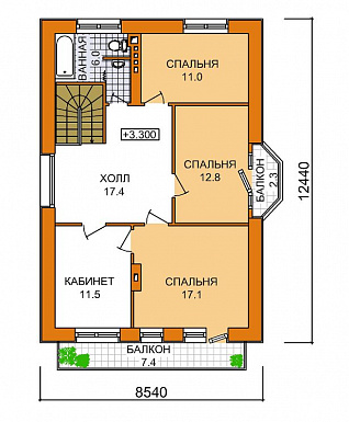 Проект двухэтажного дома с тремя спальными комнатами, кабинетом и небольшим балконом / План мансардного этажа