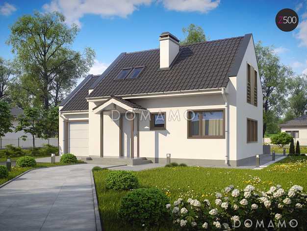 Проект одноэтажного дома из газобетона с мансардным этажом, светлой гостиной и гаражом для автомобиля