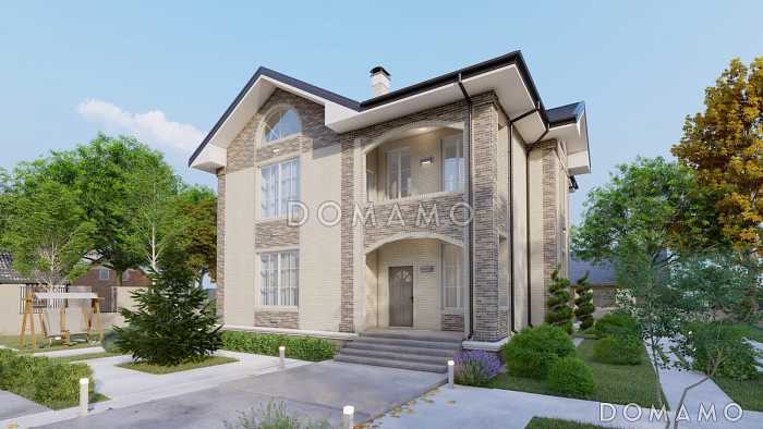 Проект двухэтажного дома с эркерной гостиной, камином и крытой террасой